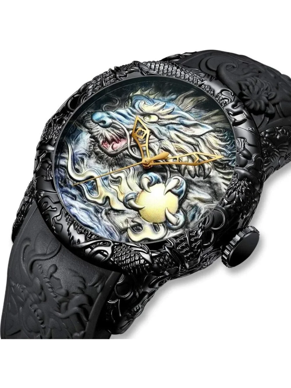 Mens Black Fashion Analog Quartz Big Dial 3D Sculpture Dragon Luxury Wrist Watch